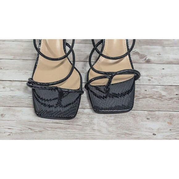 Viviany Womens Size 8 Black Leather Open Toe Slip On Slide Spool 3.5" Heels - Picture 5 of 9